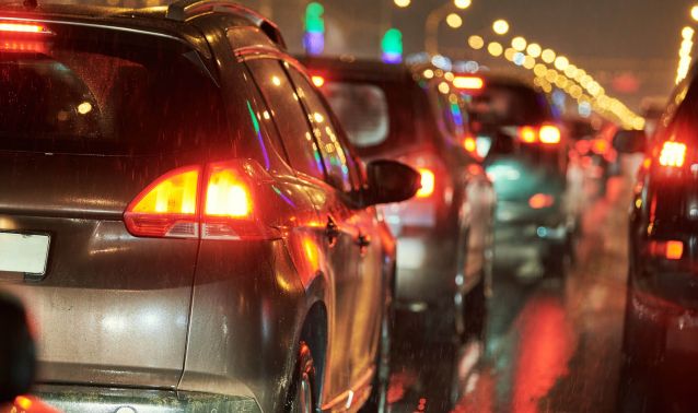 A traffic backup in the rain.